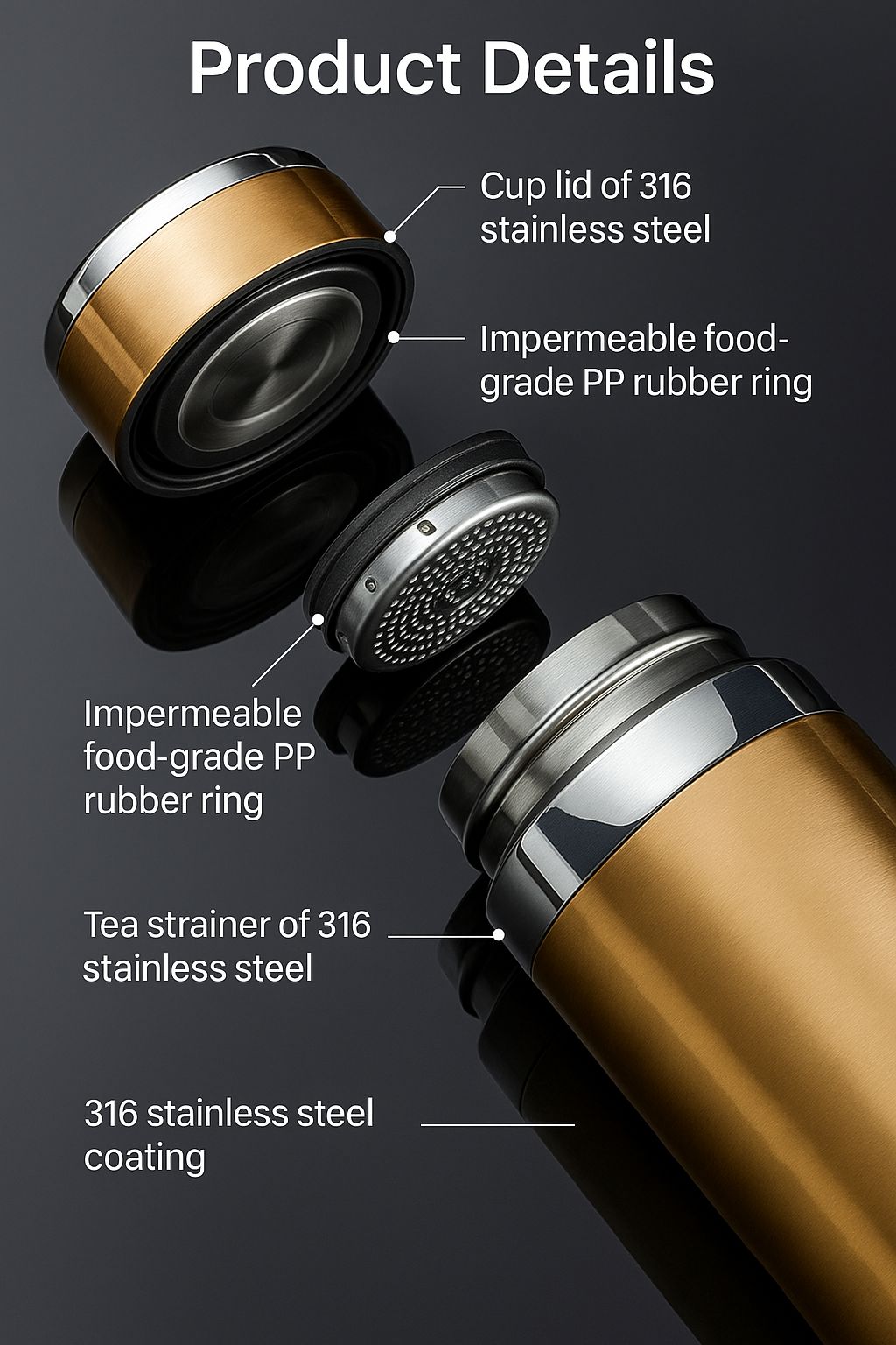Stainless Steel 1000 ml Water Bottle ,Flask, Double Walled and Leak-proof Lid, with Carry Handle (Gold)